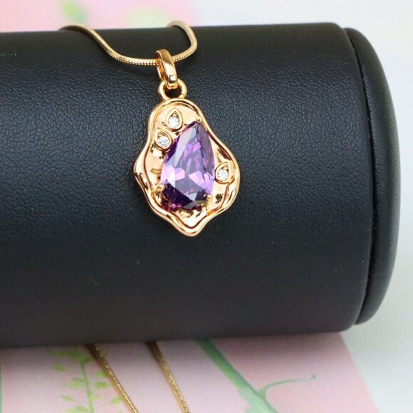 "Elegant Purple Teardrop Pendant in Gold Plated Frame, XPPT1734 - Picture 5 of 13